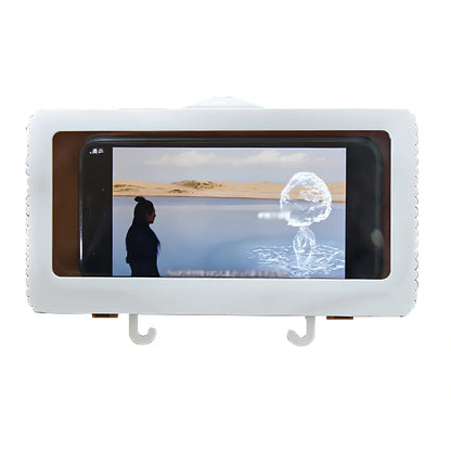 Blue waterproof mobile phone holder with anti-fog film mounted on bathroom wall