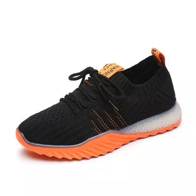 Breathable mesh sneakers in beige, white orange, black orange, and black green colors