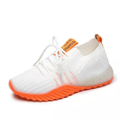 Breathable mesh sneakers in beige, white orange, black orange, and black green colors