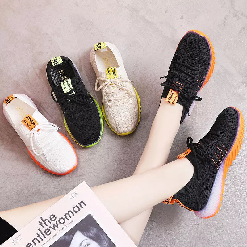 Breathable mesh sneakers in beige, white orange, black orange, and black green colors