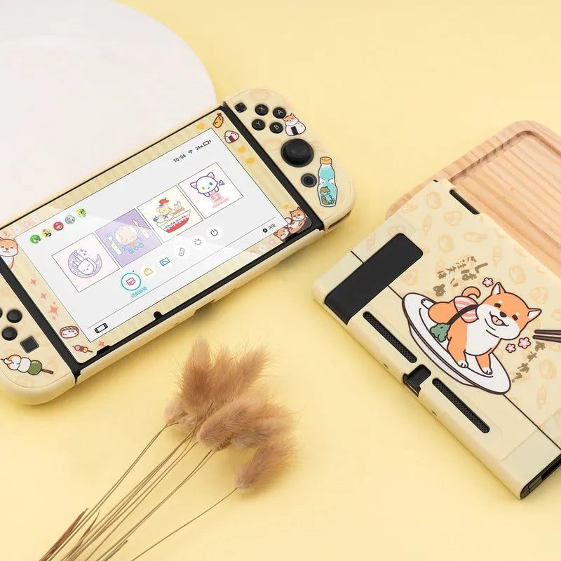Sea Otter design silicone protective case fitted on a blue and red Nintendo Switch console on a table.
