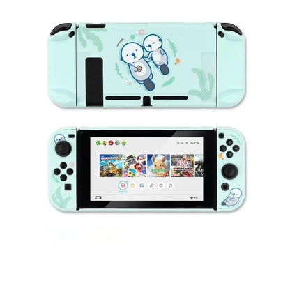 Sea Otter silicone protective case with textured grip and glass screen protector fitted on a black Nintendo Switch console.