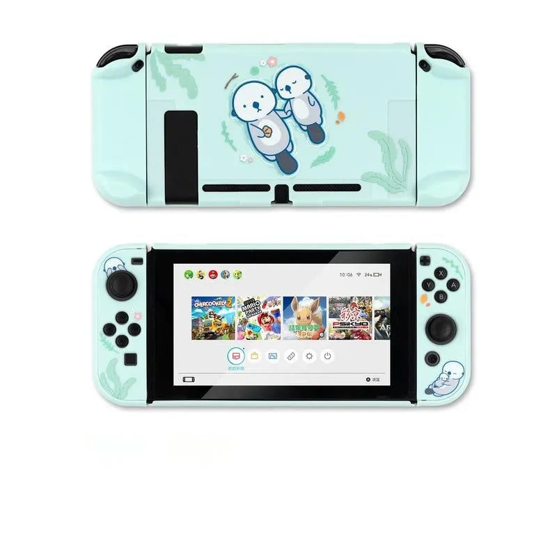 Sea Otter design silicone protective case fitted on a blue and red Nintendo Switch console on a table.
