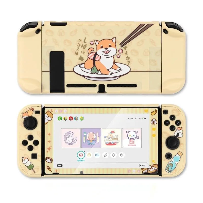 Sea Otter design silicone protective case fitted on a blue and red Nintendo Switch console on a table.