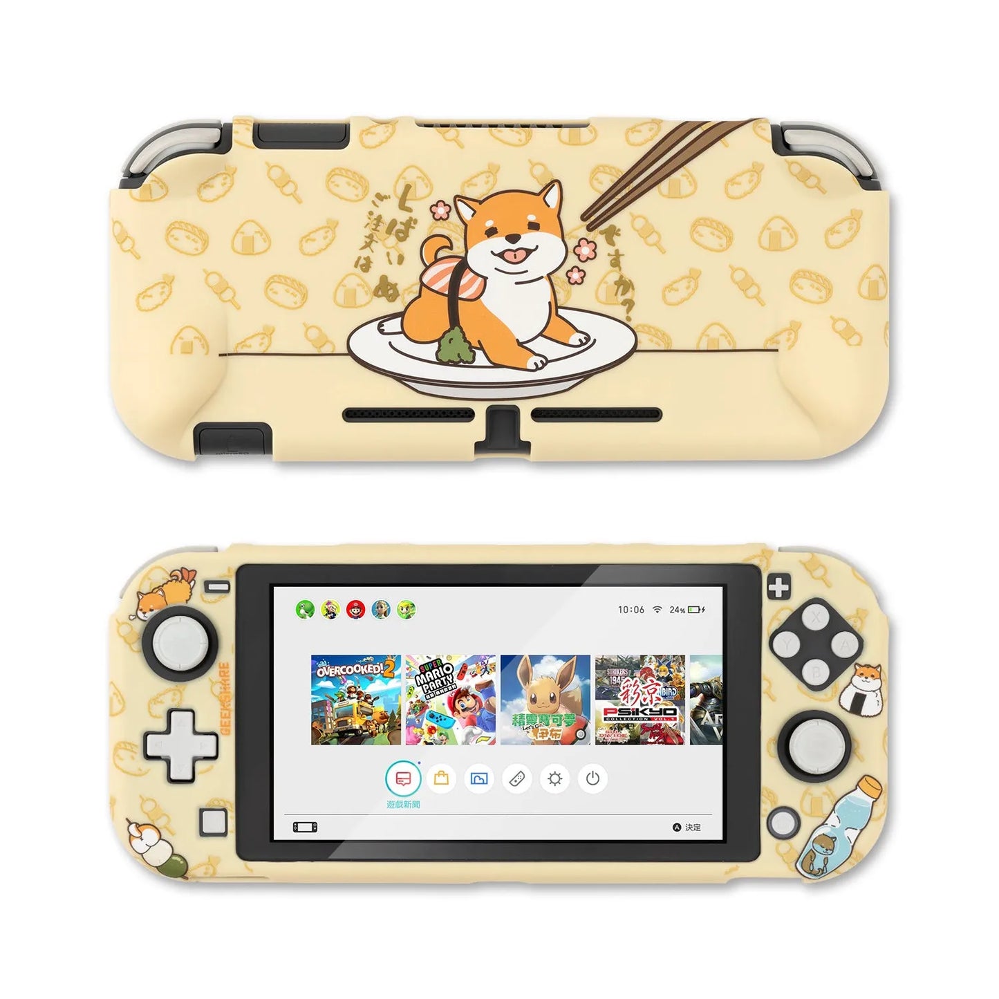 Sea Otter design silicone protective case fitted on a blue and red Nintendo Switch console on a table.