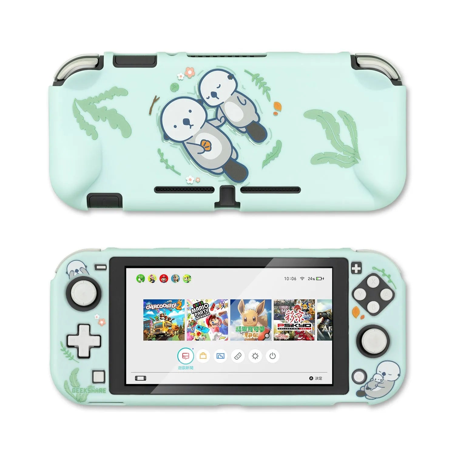 Sea Otter flexible silicone protective shell fitted on a black Nintendo Switch Lite console.