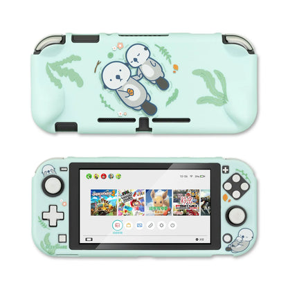 Sea Otter design silicone protective case fitted on a blue and red Nintendo Switch console on a table.