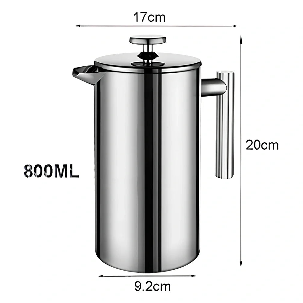 Silver stainless steel French press coffee maker with 1000ml capacity and integrated filter system