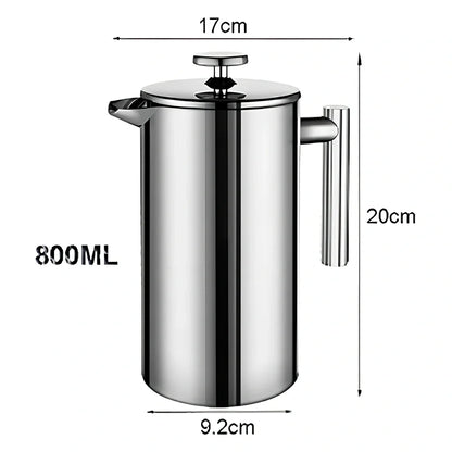 Silver stainless steel French press coffee maker with 1000ml capacity and integrated filter system