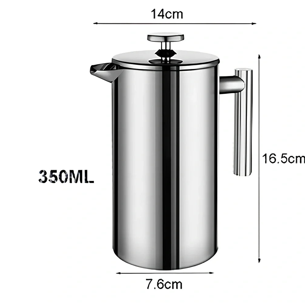 Silver stainless steel French press coffee maker with 1000ml capacity and integrated filter system