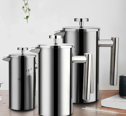 Silver stainless steel French press coffee maker with 1000ml capacity and integrated filter system