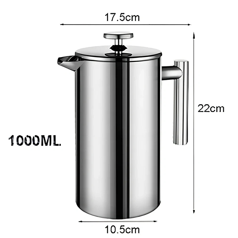 Silver stainless steel French press coffee maker with 1000ml capacity and integrated filter system