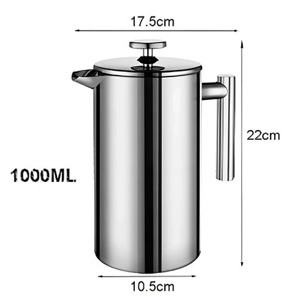 Silver stainless steel French press coffee maker with 1000ml capacity and integrated filter system