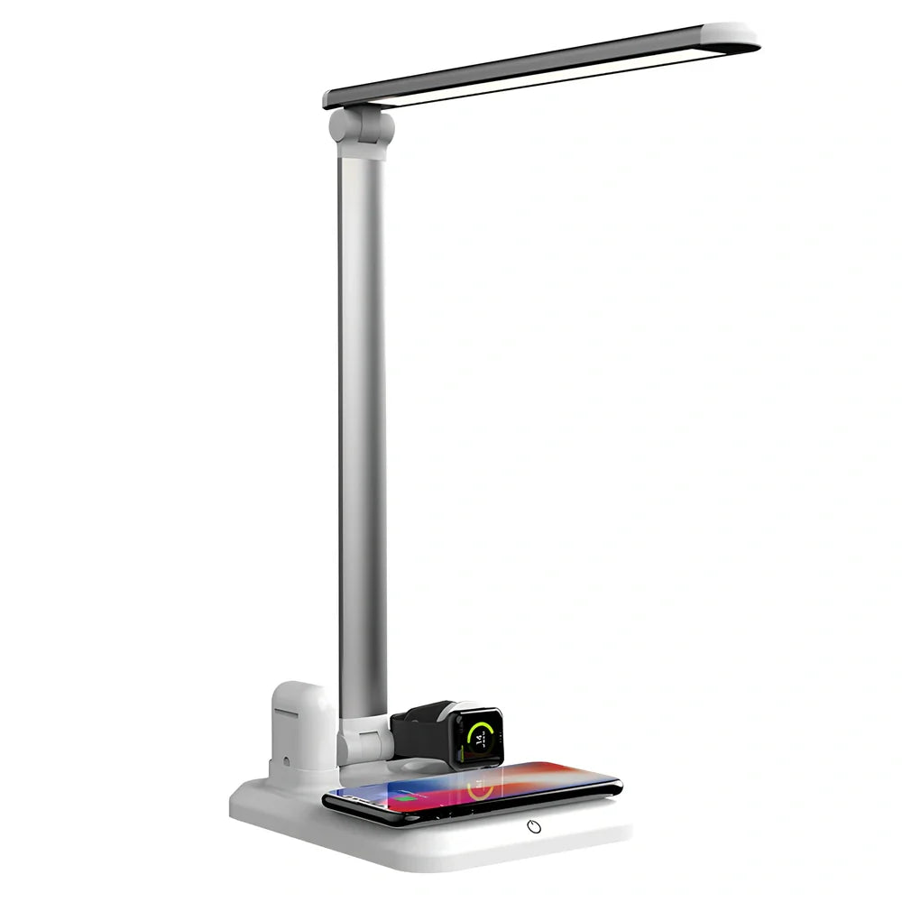 Black wireless charging desk lamp with 10W LED lighting and touch controls on wooden desk
