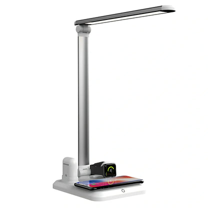Black wireless charging desk lamp with 10W LED lighting and touch controls on wooden desk