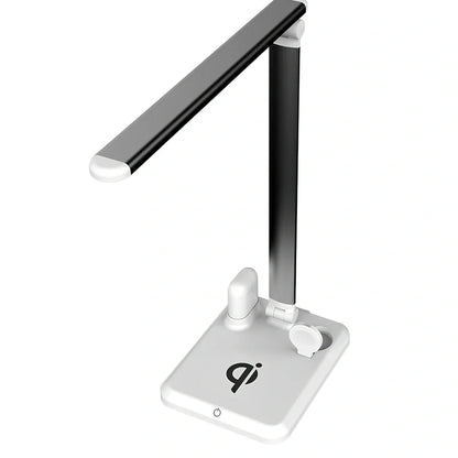 Black wireless charging desk lamp with 10W LED lighting and touch controls on wooden desk