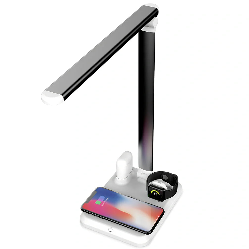 Black wireless charging desk lamp with 10W LED lighting and touch controls on wooden desk