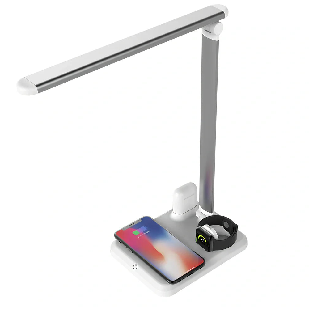 Black wireless charging desk lamp with 10W LED lighting and touch controls on wooden desk