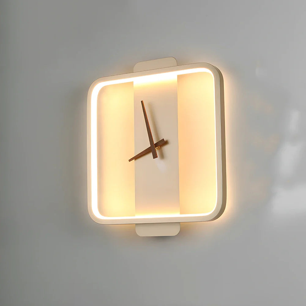 Nordic wall lamp with integrated clock measuring 300mm by 350mm in black square style