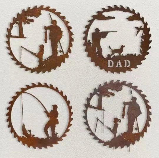 Handcrafted metal pendant with a father and child fishing scene, set in a circular saw blade frame