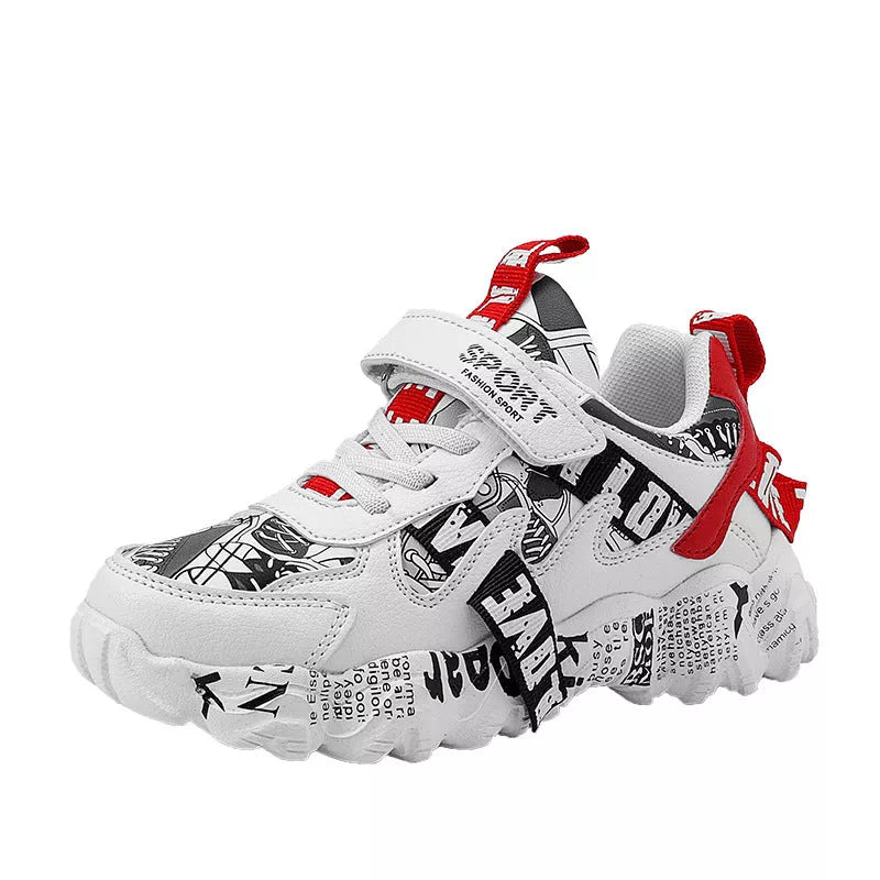 Student running shoes with breathable design and Velcro closure in beige blue, white red, and big red