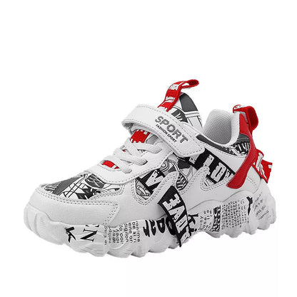 Student running shoes with breathable design and Velcro closure in beige blue, white red, and big red