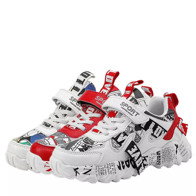 Student running shoes with breathable design and Velcro closure in beige blue, white red, and big red