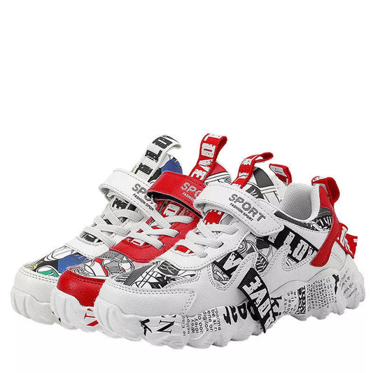 Student running shoes with breathable design and Velcro closure in beige blue, white red, and big red