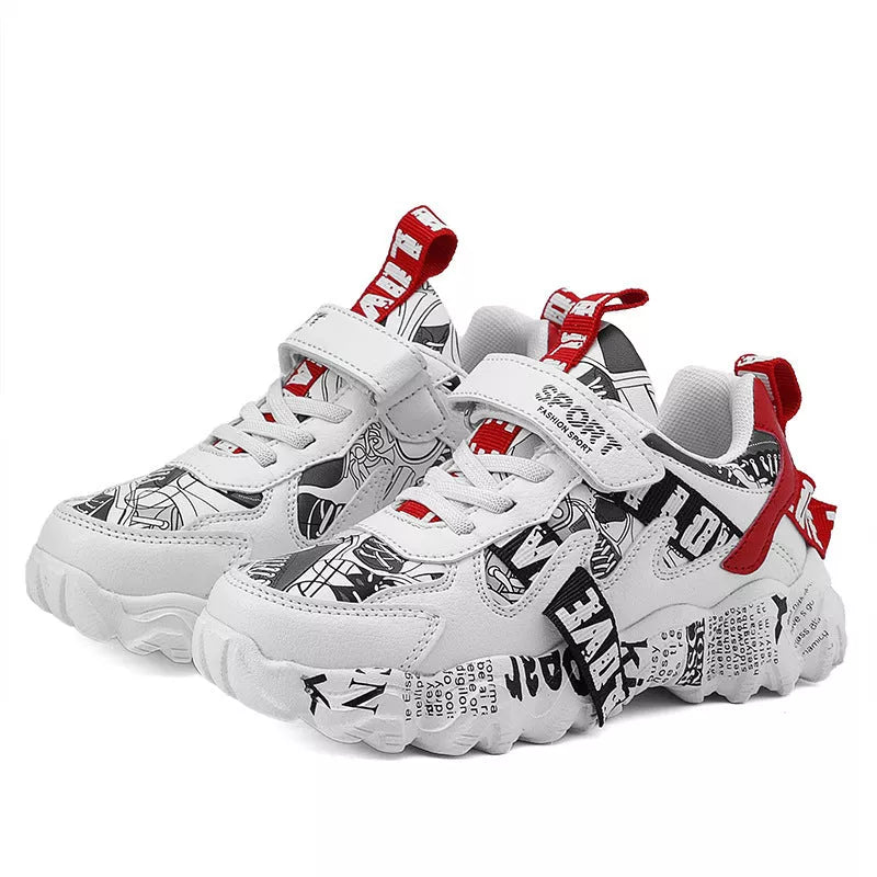 Student running shoes with breathable design and Velcro closure in beige blue, white red, and big red