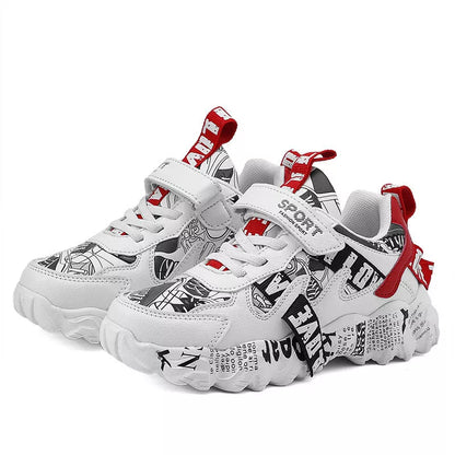 Student running shoes with breathable design and Velcro closure in beige blue, white red, and big red