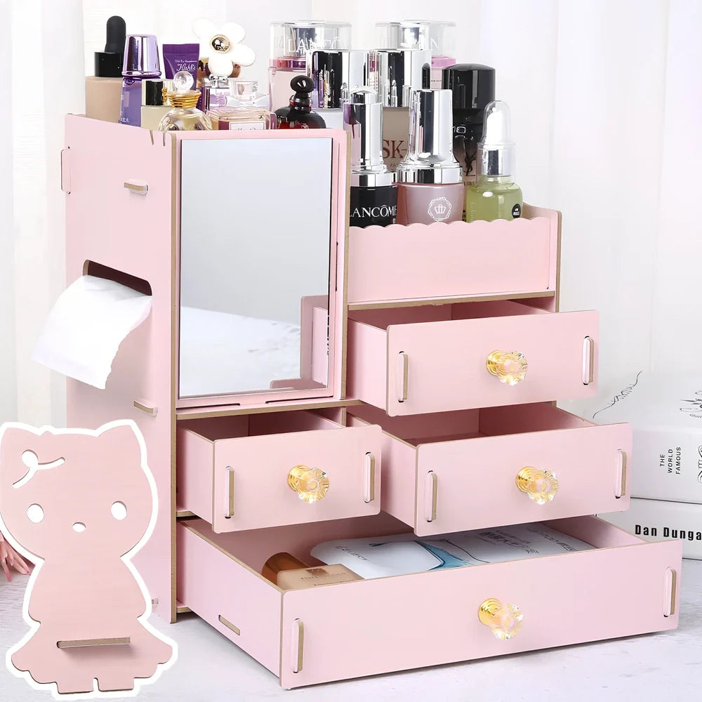 Wooden cosmetic storage box with cartoon pattern lid and six dividers, 25cm x 15cm x 8cm, in betel fruit colour