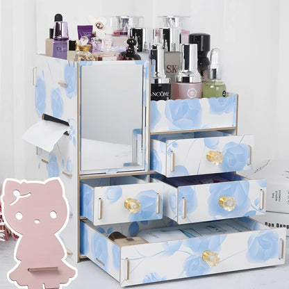 Wooden cosmetic storage box with cartoon pattern lid and six dividers, 25cm x 15cm x 8cm, in betel fruit colour