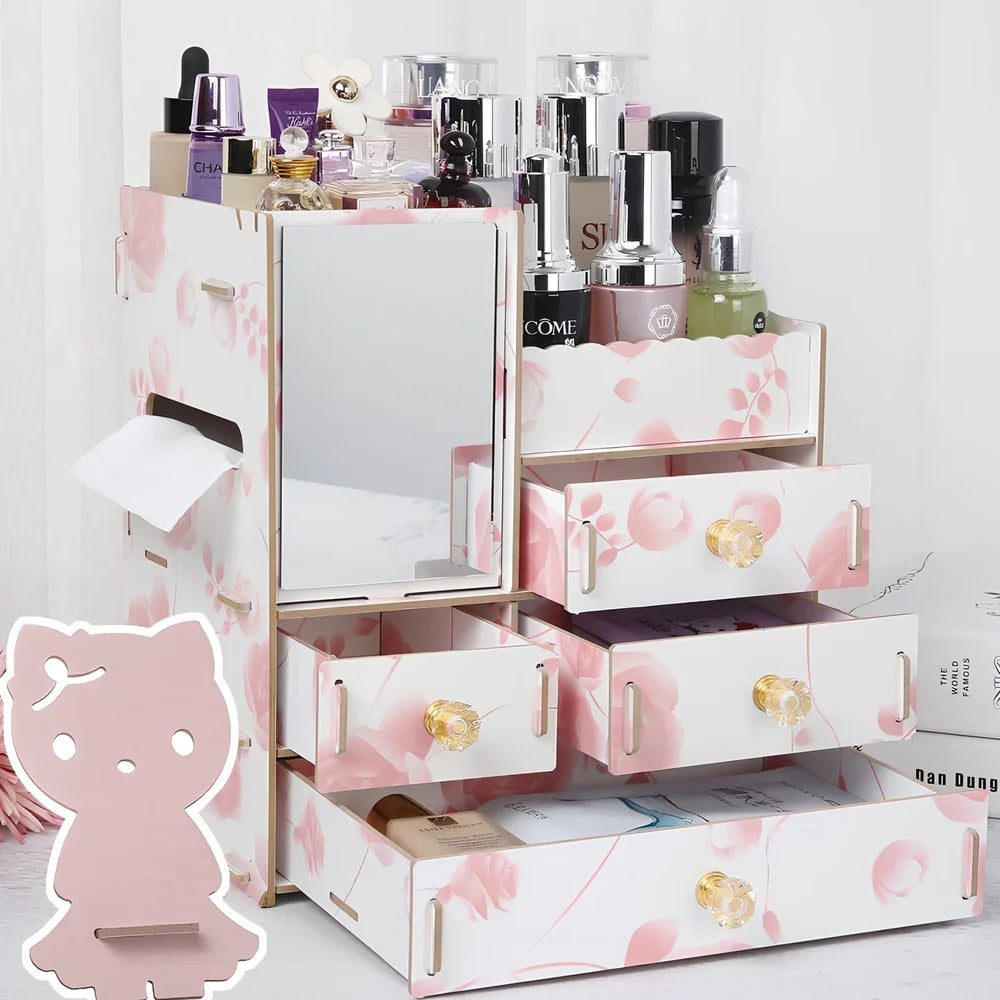 Wooden cosmetic storage box with cartoon pattern lid and six dividers, 25cm x 15cm x 8cm, in betel fruit colour