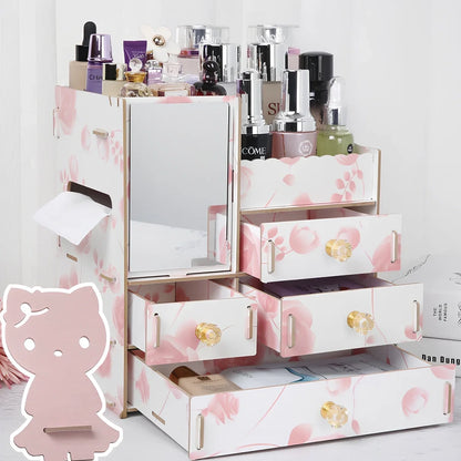 Wooden cosmetic storage box with cartoon pattern lid and six dividers, 25cm x 15cm x 8cm, in betel fruit colour