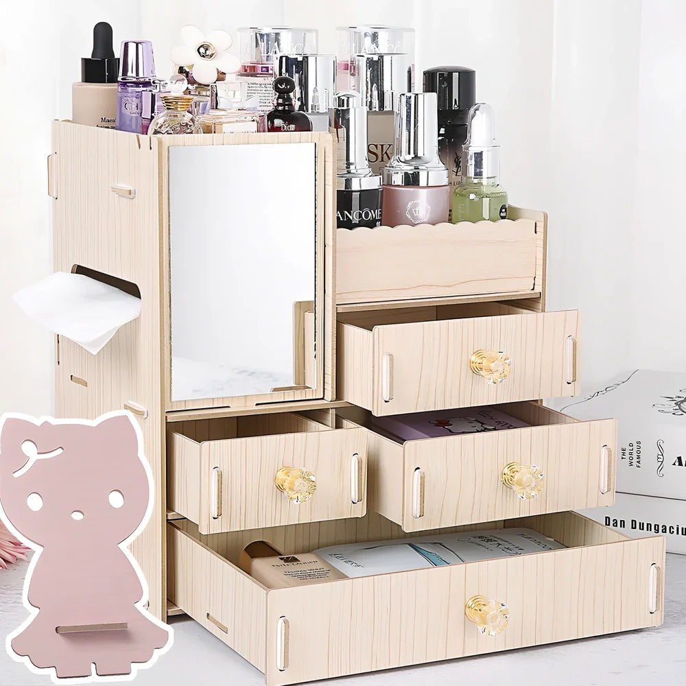 Wooden cosmetic storage box with cartoon pattern lid and six dividers, 25cm x 15cm x 8cm, in betel fruit colour