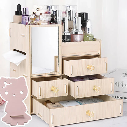 Wooden cosmetic storage box with cartoon pattern lid and six dividers, 25cm x 15cm x 8cm, in betel fruit colour