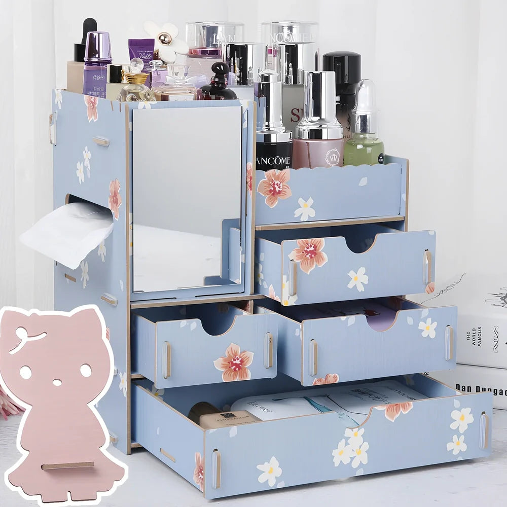 Wooden cosmetic storage box with cartoon pattern lid and six dividers, 25cm x 15cm x 8cm, in betel fruit colour