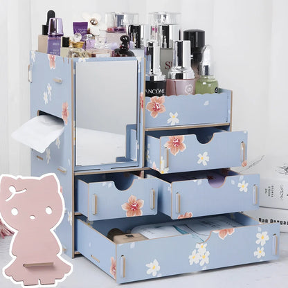 Wooden cosmetic storage box with cartoon pattern lid and six dividers, 25cm x 15cm x 8cm, in betel fruit colour