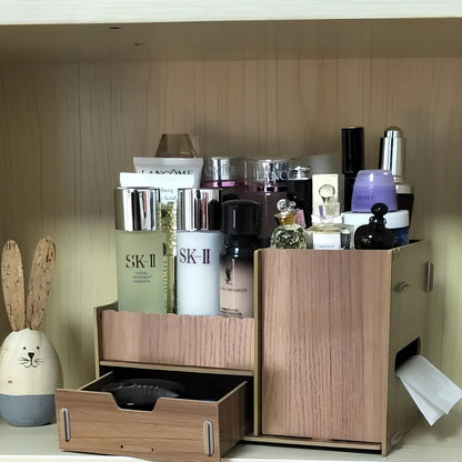 Wooden cosmetic storage box with cartoon pattern lid and six dividers, 25cm x 15cm x 8cm, in betel fruit colour