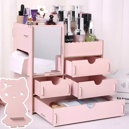 Wooden cosmetic storage box with cartoon pattern lid and six dividers, 25cm x 15cm x 8cm, in betel fruit colour