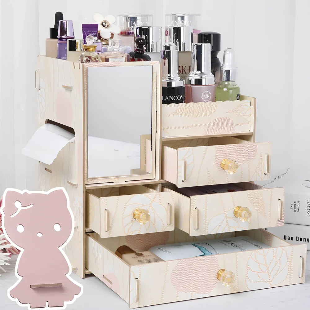 Wooden cosmetic storage box with cartoon pattern lid and six dividers, 25cm x 15cm x 8cm, in betel fruit colour