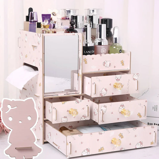 Wooden cosmetic storage box with cartoon pattern lid and six dividers, 25cm x 15cm x 8cm, in betel fruit colour