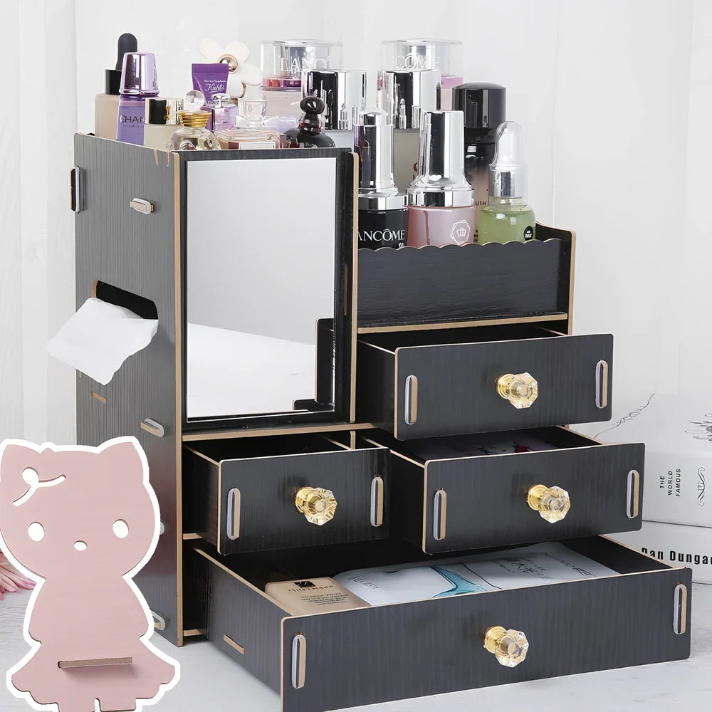 Wooden cosmetic storage box with cartoon pattern lid and six dividers, 25cm x 15cm x 8cm, in betel fruit colour