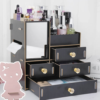 Wooden cosmetic storage box with cartoon pattern lid and six dividers, 25cm x 15cm x 8cm, in betel fruit colour