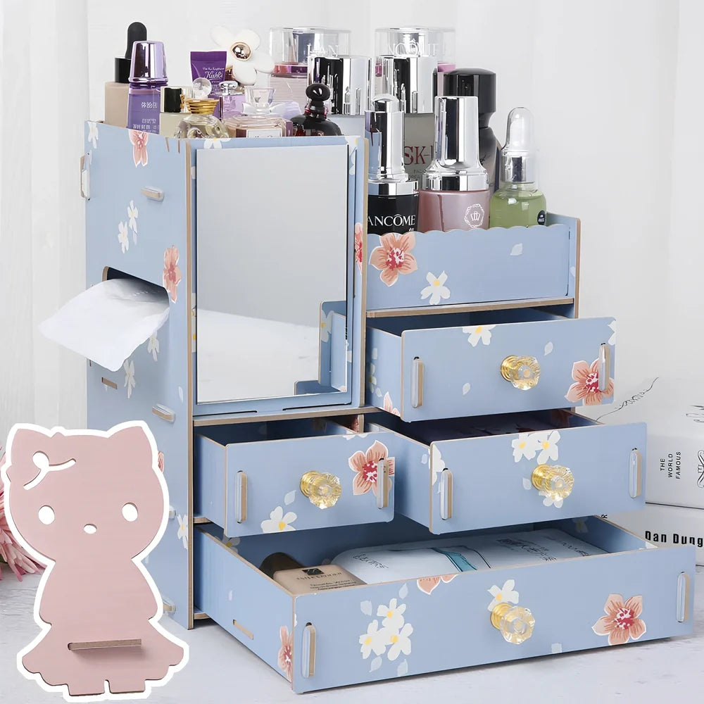 Wooden cosmetic storage box with cartoon pattern lid and six dividers, 25cm x 15cm x 8cm, in betel fruit colour