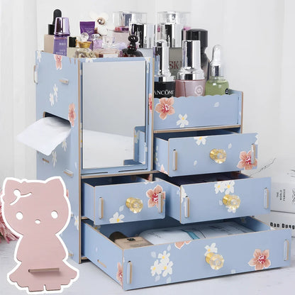 Wooden cosmetic storage box with cartoon pattern lid and six dividers, 25cm x 15cm x 8cm, in betel fruit colour