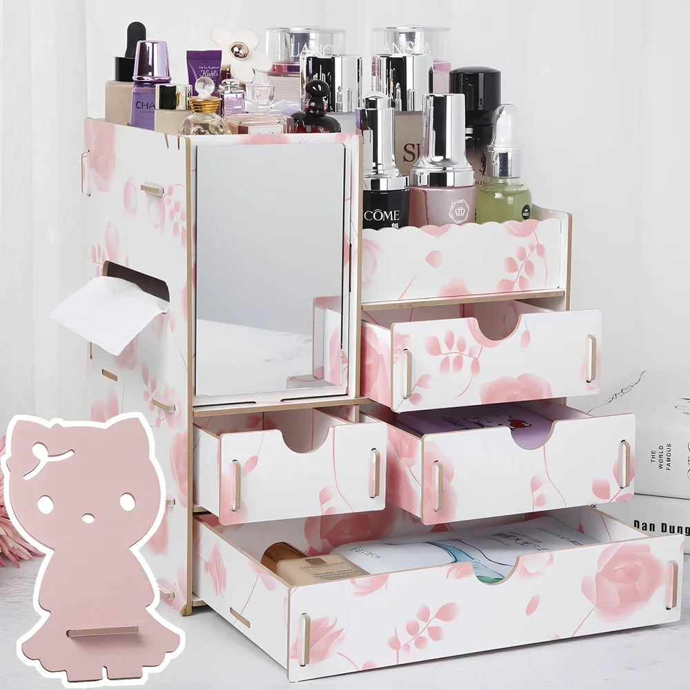 Wooden cosmetic storage box with cartoon pattern lid and six dividers, 25cm x 15cm x 8cm, in betel fruit colour