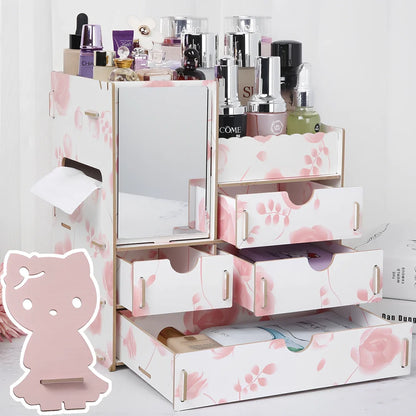 Wooden cosmetic storage box with cartoon pattern lid and six dividers, 25cm x 15cm x 8cm, in betel fruit colour