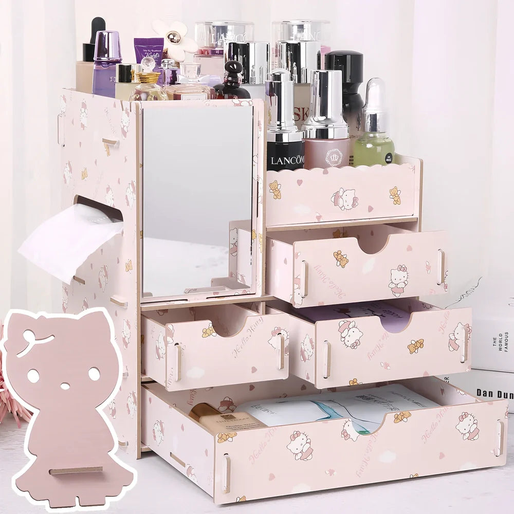 Wooden cosmetic storage box with cartoon pattern lid and six dividers, 25cm x 15cm x 8cm, in betel fruit colour