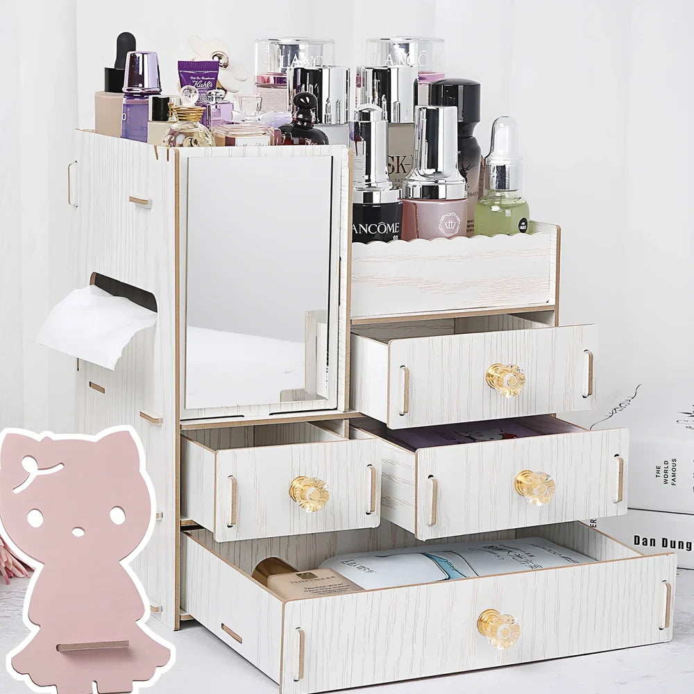 Wooden cosmetic storage box with cartoon pattern lid and six dividers, 25cm x 15cm x 8cm, in betel fruit colour